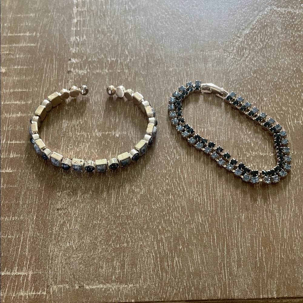 Set of Silver Tone Bracelets w/ Dark & Light Blue Gems